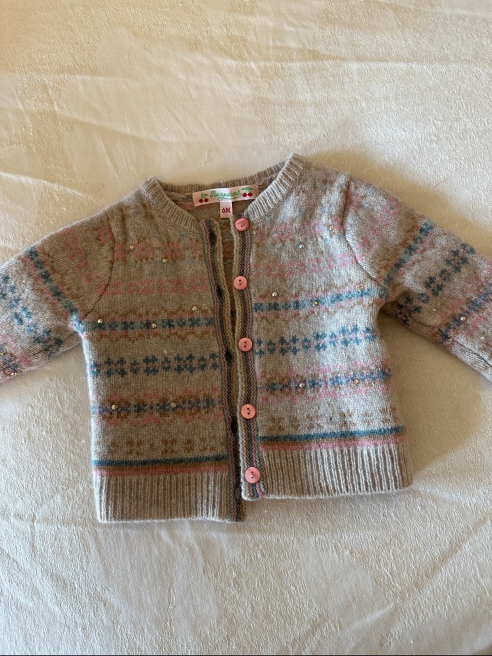 Bonpoint Beige Knit Fair Isle Cardigan with Pink Buttons
